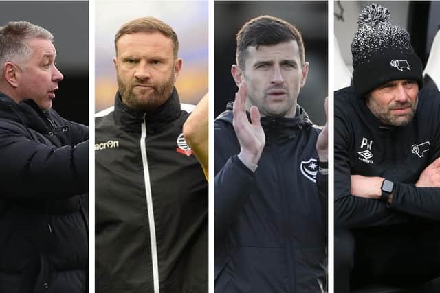 From left, Peterborough boss Darren Ferguson, Bolton's Ian Evatt. Pompey head coach John Mousinho and Derby's Paul Warne.