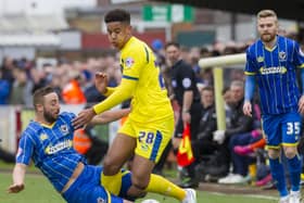 Cole Kpekawa, pictured in action against AFC Wimbledon in March 2015, made two appearances during an ill-fated Pompey loan spell. Picture: Ashley Zee