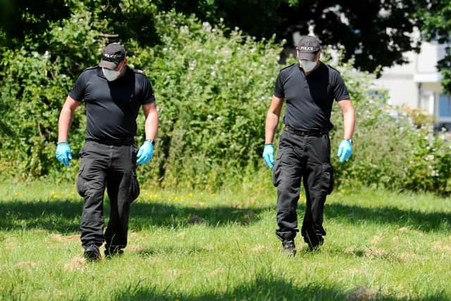 Police at the scene in Tichborne Grove, Leigh Park, on Monday, May 25, where a young man named George Allison died on Saturday evening, May 23 in 2020. Picture: Sarah Standing (250520-2779)