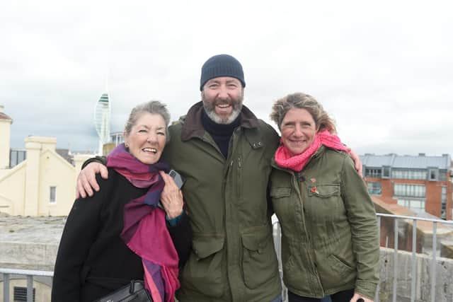 Pictured is: (middle) Adam Colton (54) from Nottingham, with his mum (left) Pauline Colton (86) and wife Emma Colton (46) who were on the Round Tower in Portsmouth, to wave off their son and grandson Alfie.

Picture: Sarah Standing (101122-5800)