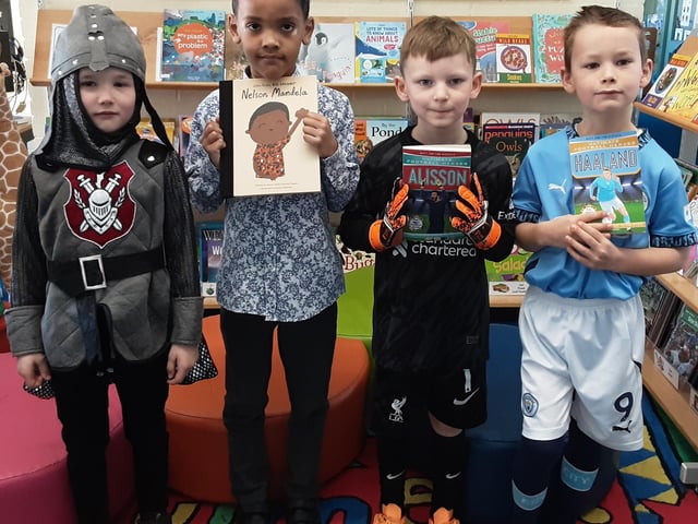Children & staff from Solent Infant School dressed up for World Book Day Pictured: (from left to right): William, Bleu, Teddy and Theo