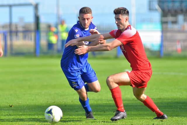 Harry Sargeant in action for Baffins during their shock FA Vase loss to Andover Town. Picture: Martyn White