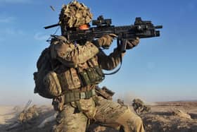 A soldier with the 4th Mechanised Brigade is pictured engaging the enemy during Operation Qalb in Helmand, Afghanistan.