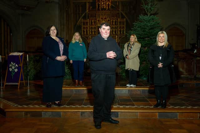 Pictured: Jo Eamey from Stop domestic abuse, Michelle Treacher from Hope into Action, Revd Canon Bob White, Dannii Barham 
from Catherine Booth House and Claire Haque from Two Saints at St Mary s Church, Fratton, Portsmouth on Wednesday 1st December 2021

Picture: Habibur Rahman