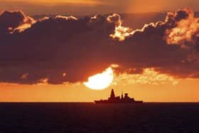 Portsmouth-based warshipHMS Diamond recently shot down a suspected attack drone believed to be operated by Iranian-backed Houthi rebels. She was previously part of the Carrier Strike Group, pictured passing in front of the sunset on 12th September 2023. Picture: AS1 Amber Mayall RAF.