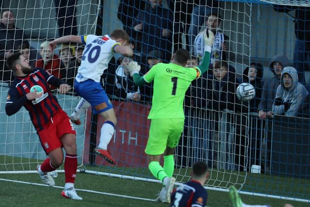 Tommy Wright heads in from close range. Picture: Dave Haines