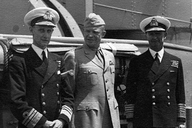 Here we see, centre General Eisenhower on a visit to the battleship HMS Nelson. Her sister ship was HMS Rodney.Either side of Eisenhower are Rear Admiral Willis to the left and Admiral Cunningham. These men were some of the 'top brass' during WW2.