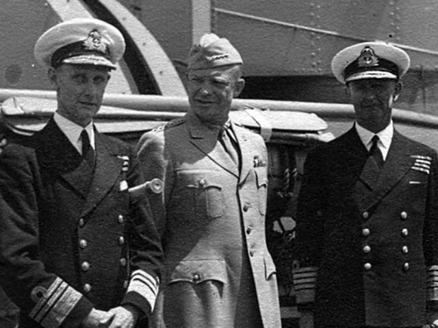 Here we see, centre General Eisenhower on a visit to the battleship HMS Nelson. Her sister ship was HMS Rodney.Either side of Eisenhower are Rear Admiral Willis to the left and Admiral Cunningham. These men were some of the 'top brass' during WW2.