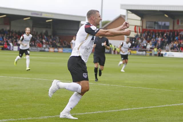 Lee Brown celebrates his Pompey winner against Fleetwood on Saturday. Picture: Paul Thompson/ProSportsImages