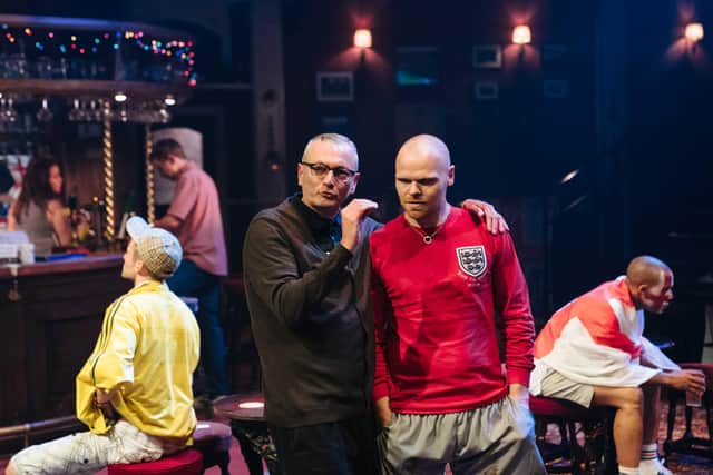 Sing Yer Heart Out For The Lads at Minerva Theatre, Chichester. Michael Hodgson (Alan) and Richard Riddell (Lawire). Photo by Helen Murray