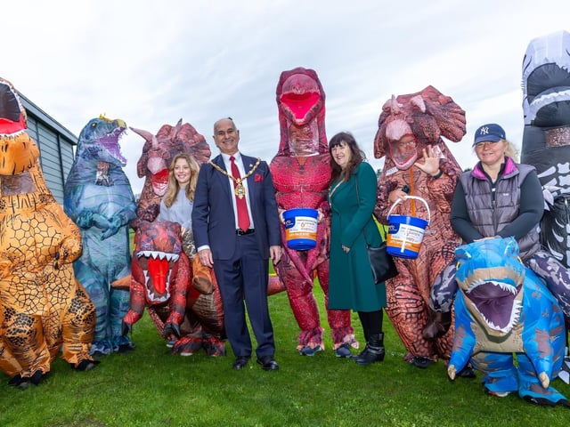 MNDA charity dinosaur fundraisers with Gosport mayor Cllr Richard Earle and mayoress Debbie Sherman  Photos by Alex Shute