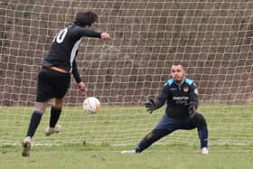 Mauro Morais nets one of his five goals for Emsworth against Bransbury. Picture by Kevin Shipp