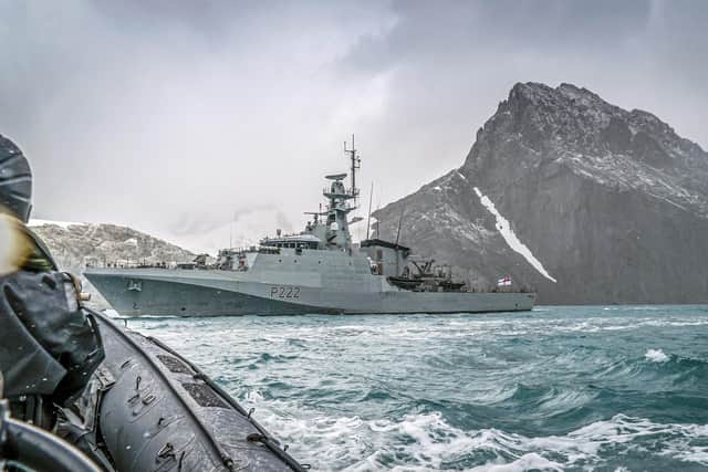 HMS Forth arrives on a chilly morning at South Georgia for the first time. Photo: MoD