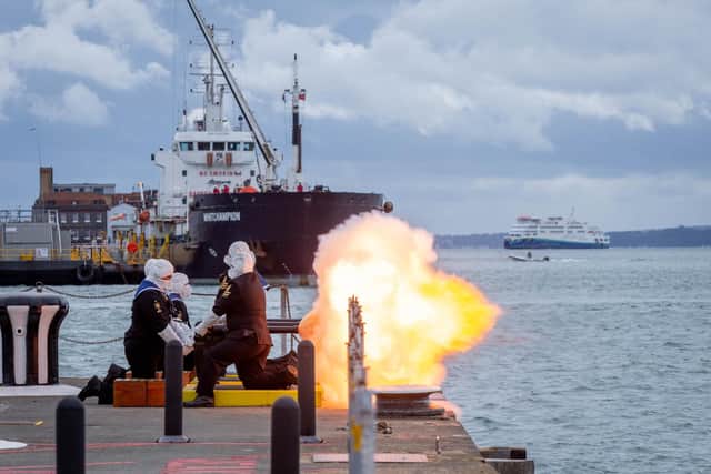 Members of the Royal Navy conduct a 117-gun salute in Portsmouth Naval Base to mark the death of the Queen.
Picture: Habibur Rahman