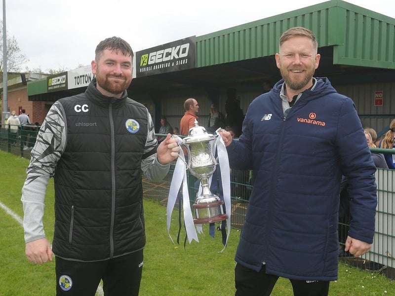 Hawks Women manager Chris Cooper and assistant Ian Godden claim their first piece of silverware. Picture: Dave Haines