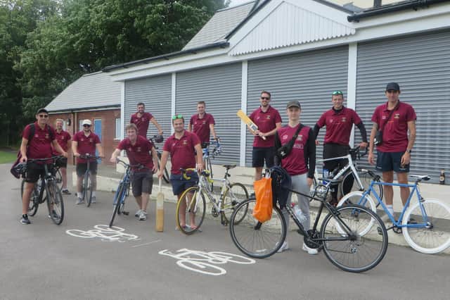 Fareham & Crofton cricketers after completing their charity cycle challenge. Pic: Mike Vimpany.