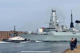HMS Dauntless leaving Portsmouth as she heads for the Caribbean