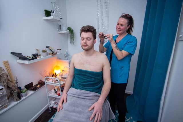 Pictured: News reporter Joe Buncle gets a first hands on experience of the ASMR treatment with Kellie Ripley on Tuesday, February 21 2023.

Picture: Habibur Rahman