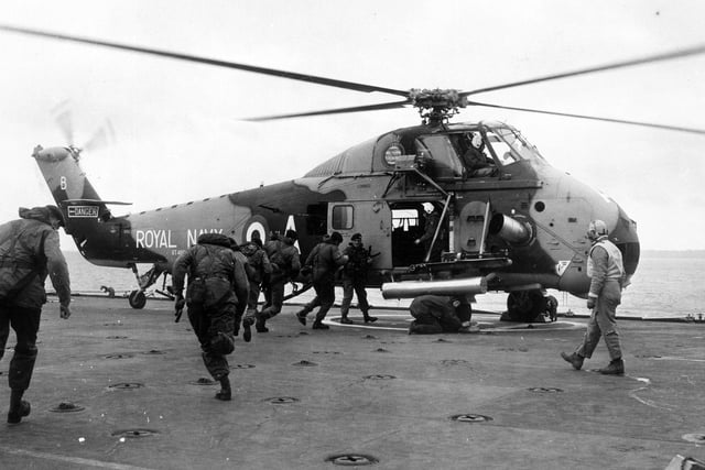 2nd March 1966:  Royal Navy Wessex helicopter on board the flight deck of HMS Fearless.  (Photo by Dennis Oulds/Central Press/Getty Images)