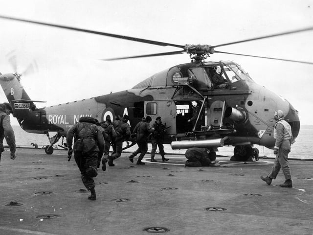 2nd March 1966: Royal Navy Wessex helicopter on board the flight deck of HMS Fearless. (Photo by Dennis Oulds/Central Press/Getty Images)