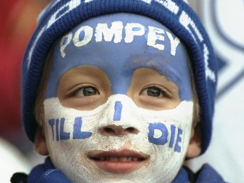 A Pompey fan prior to an FA Cup fourth round tie against Leeds in January 1999. Photo: Laurence Griffiths /Allsport