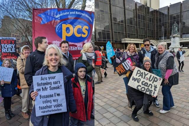 Teachers gathered at Guildhall Square for an NEU strike rally. Left is Amy Allen. In the right image Ian Roper is top centre, Kaliegh Oaster is bottom centre.