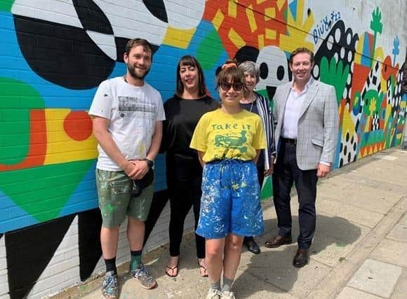 Left to right: Artists' painting partner James, Annabell Innes, Alex Godwin AKA Billy,  Cllr Lynne Stagg and Cllr Chris Attwell,