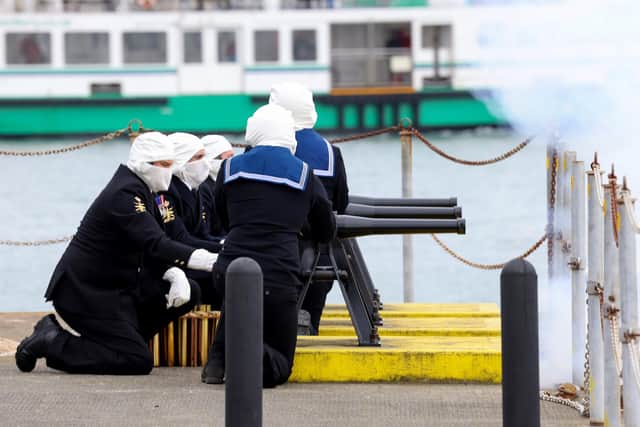 Pictured: Gun salute at HMNB Portsmouth following the death of Prince Philip.