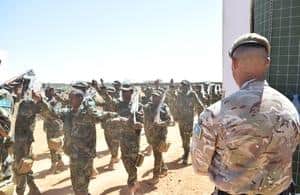 A soldier from 2nd Battalion, Princess of Wales's Royal Regiment, right, watching over Somali recruits being trained to fight terrorists. Photo: MoD