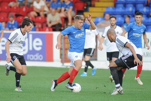 Stan Bridgman takes on Aldershot in a Pompey XI match in July 2019. Picture: Habibur Rahman