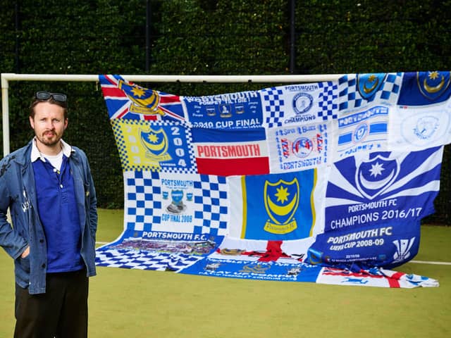 Portsmouth supporter Eugene Noble stars alongside Danny Dyer, Josh Widdicombe and fans of all 92 Premier League and EFL clubs in new Sky Sports campaign.Eugene was chosen to represent Pompey and has created a tapestry of scarves to capture the fanbase’s sentiment ahead of their return to the Championship. Picture by Christopher Lobina