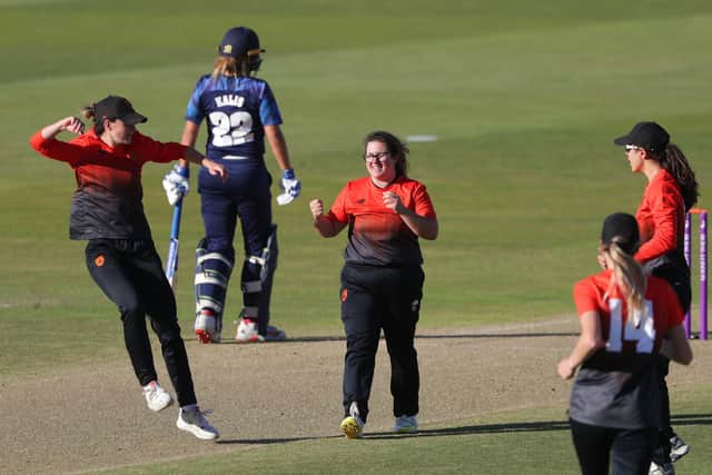 Southern Vipers' Charlotte Taylor celebrates the wicket of Northern Diamonds' Beth Langston at Edgbaston. Picture: David Davies/PA Wire.