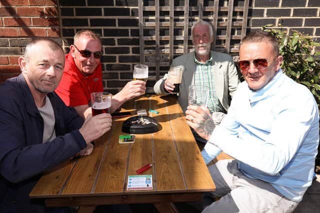 From left, Nobby Hall, Norm Jones, Rod 'Hot Rod' Webb and Ray Smith. Drinkers enjoy the sunshine at the Parchment Makers, HavantPicture: Chris Moorhouse (jpns 240421-18)