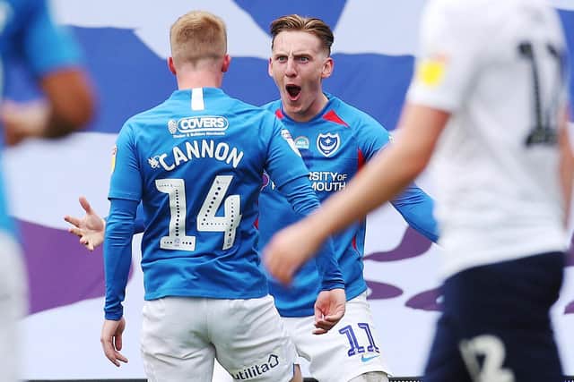 Ronan Curtis celebrates scoring against Oxford in the League One play-off semi-finals. Picture: Joe Pepler