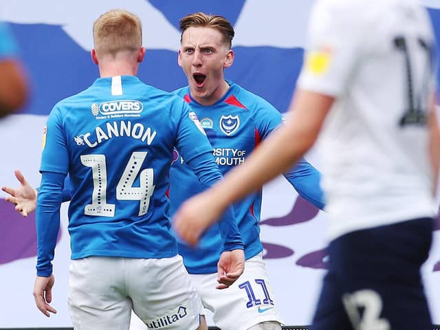 Ronan Curtis celebrates scoring against Oxford in the League One play-off semi-finals. Picture: Joe Pepler