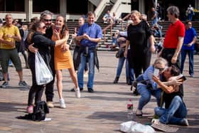 Pictured:  Piers Corbyn encouraging protesters to hug each other at the event.
Picture: Habibur Rahman
