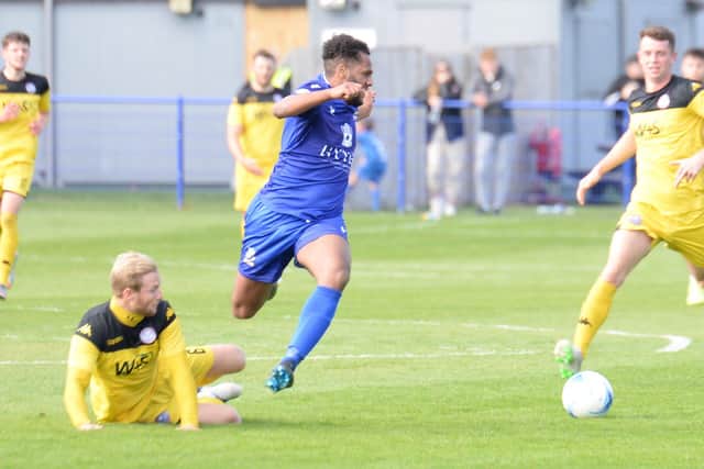 Rudi Blankson (middle) has now netted seven goals in 2020/21 - all after he had been introduced as a sub. Pic: Martyn White.