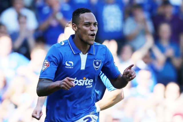 Kyle Bennett celebrates scoring one of two goals on his Pompey debut against Dagenham & Redbridge in August 2015. Picture: Joe Pepler