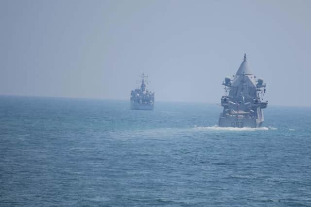 HMS Chiddingfold and OPV Sheraouh on August 29 in the Gulf. Picture: Ian Miller/Royal Navy.