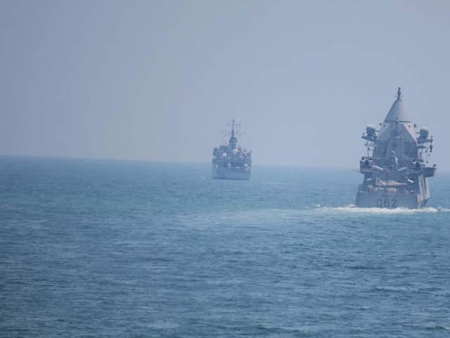 HMS Chiddingfold and OPV Sheraouh on August 29 in the Gulf. Picture: Ian Miller/Royal Navy.