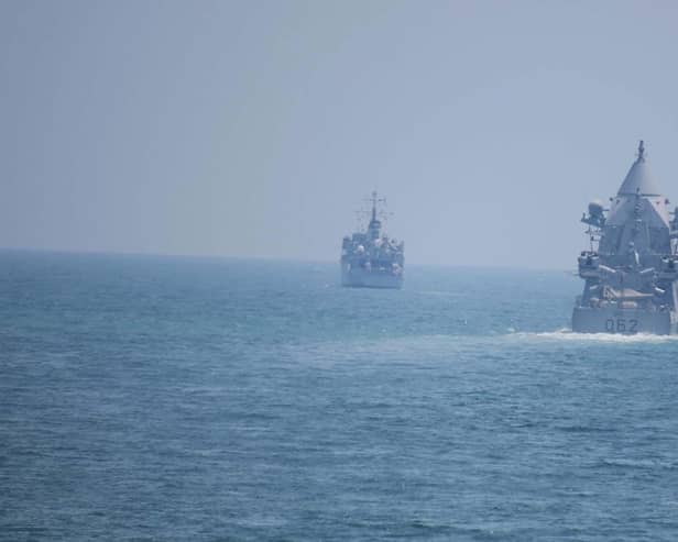 HMS Chiddingfold and OPV Sheraouh on August 29 in the Gulf. Picture: Ian Miller/Royal Navy.