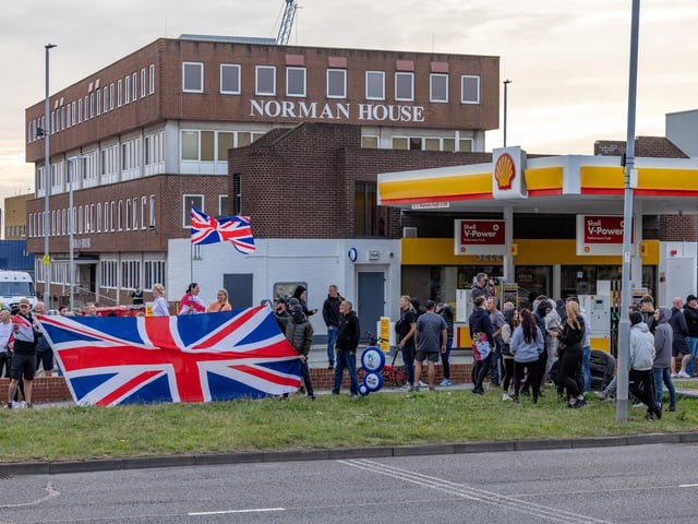Anti-immigration protest formed near the UK Border Agency Building in Portsmouth. Picture: Mike Cooter (070824)