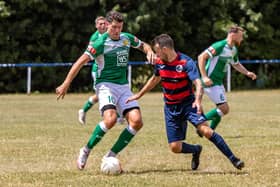 Callum Laycock, left, fired a hat-trick as Moneyfields beat Bournemouth Poppies 5-0 in their first 'home' game of the season. Picture: Mike Cooter