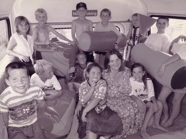 Children in the soft-shapes play area on the Replay double decker bus at its firt stop at Broadlaw Walk shopping centre at Bishopsfield Road, Fareham with worker Jane Miller in July 1995. The News PP1064
