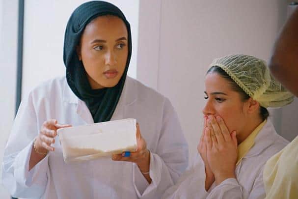 Noor and Amina realise they've put their crumble topping in the wrong place on the first episode of The Apprentice (Picture: Fremantle Media Ltd)