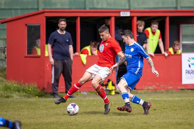 Action from Gosport Town's 4-0 victory over Lee Rangers (blue kit) in the Portsmouth & District FA Trophy final at Cams Alders. Picture: Alex Shute