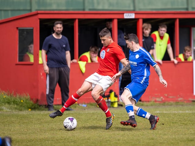 Action from Gosport Town's 4-0 victory over Lee Rangers (blue kit) in the Portsmouth & District FA Trophy final at Cams Alders. Picture: Alex Shute