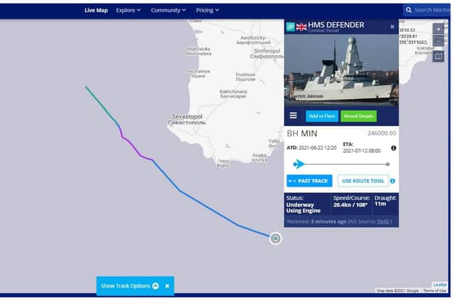 Screengrab taken from www.marinetraffic.com showing the route taken by HMS Defender in the Black Sea as Russian forces fired warning shots at the Royal Navy destroyer after it entered the country's territorial waters in the Black Sea, the Russian Defence Ministry has said. Issue date: Wednesday June 23, 2021.