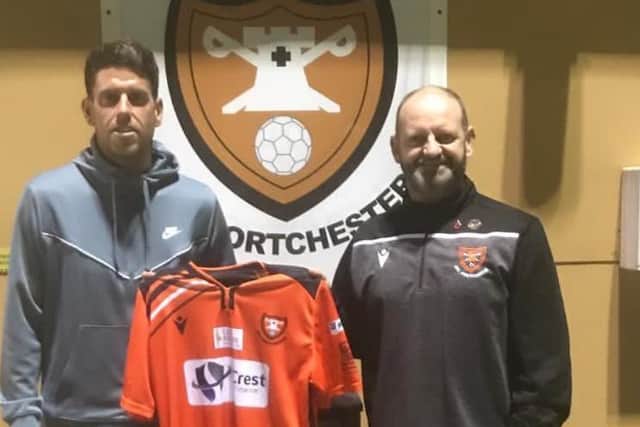 Striker Callum Laycock, left, and AFC Portchester interim manager Marty Wallace. Picture: AFC Portchester Twitter