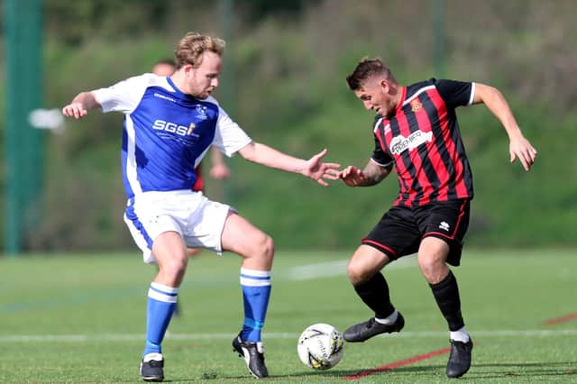 A late penalty from Perry Easton, right, gave Fleetlands a late HPL win at Locks Heath last November - the two sides meet again in a supplementary cup tournament this weekend. Picture: Chris Moorhouse
